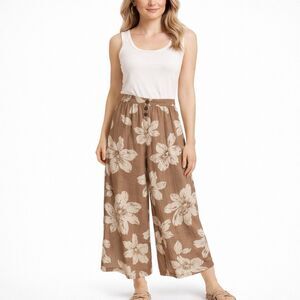 Sienna Sky Wide Leg Pants M Brown Floral Rayon Linen Boho Beach Palazzo